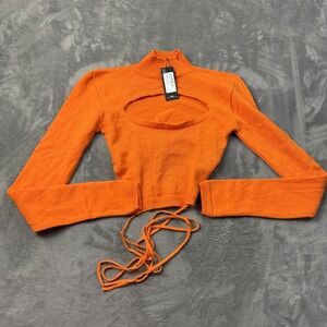 PrettyLittleThing Sweater Womens Small Orange Tie Back Long Sleeve Knit Crop Top
